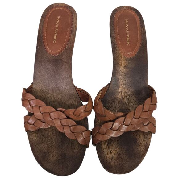Vintage Wooden Heels Sandal Brown Banana Republic Braided Woven Leather Mule 8.5 - Picture 13 of 16